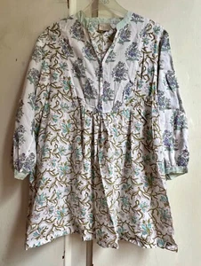 ✩Pretty *EAST ARTISAN* Blue Mixed Floral Hand Block Print Tunic Kaftan Top 14✩ - Picture 1 of 9