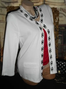 PM White Cotton Sweater 3/4 Slv B/W Chain Motif V Neck NWT & Bead Necklace pro - Picture 1 of 8