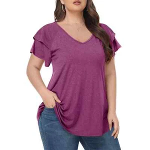Womens Summer Top Ruffle Short Sleeve V-Neck T-Shirts Size M - Picture 1 of 7