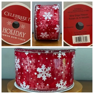 VTG Celebrate It Wired Christmas Ribbon Glitter Red & White  Snowflake w/ Silver - Image 1 of 4