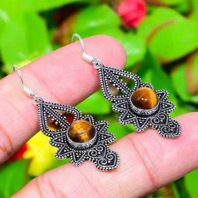 Natural Tiger Eye Gemstone Handmade 925 Sterling Silver Earring 2.09" Gift Q601 - Image 1 of 4