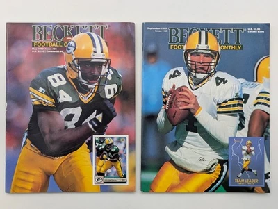 LOTE de (2) cubiertas mensuales de tarjetas de fútbol americano Beckett Packers Brett Favre HOF Foto 1 de 2