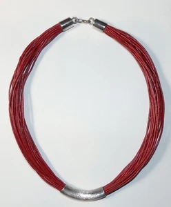 Pretty Vtg Brushed Sterling Silver & Multi-Strand Red Leather Choker Necklace - Picture 1 of 7