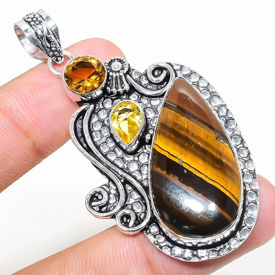 Natural Tiger's Eye Gemstone 925 Sterling silver Jewelry Pendant Size 2.40'' - Image 1 of 1