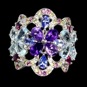 Anillo De Plata Esterlina 925 Con Amatista Esmeralda Tanzanita Joya Talla 9 - Imagen 1 de 13