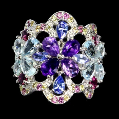 925 Sterlingsilber Ring Amethyst Smaragd Tansanit Edelstein Schmuck Größe 9 - Bild 1 von 4