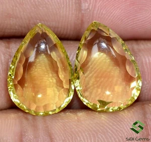 18x13 mm Natural Lemon Quartz Pear Shape Cut Cabs Pair Lustrous Loose Gemstones - Picture 1 of 5