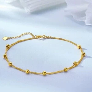 Solid 18k Gold Double Layer Chain Bracelet 2.5mm Bead Heart Charm Jewelry - Picture 1 of 11
