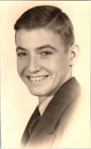 Vintage Portrait of Young Man smiling in pinstripe Suit – Classic 1940s Style - Picture 1 of 2