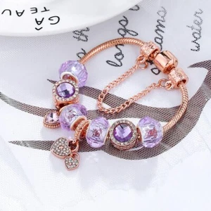 18K Rose Gold Plated Pink Crystal Heart Charm Bracelet Made With Swarovski - Picture 1 of 3
