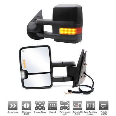 Espejos retrovisores de remolque para 07-13 GMC Sierra 1500 2500 3500 potencia térmica intermitente negro Foto 1 de 4