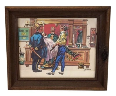 复古理发店印花质朴木制框架 12x10 H.B. 出品 Hilder 1974 罕见 — 第 1/4 张图片