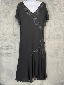 Vintage Adrianna Papell 22W Black Floral Beaded Fairy Dress Sharkbite Hem Sheer - Picture 1 of 9