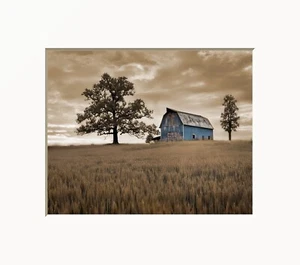 Farmhouse Wall Art, Barn Landscape, Blue and Beige Matted Wall Art Picture - Picture 1 of 9