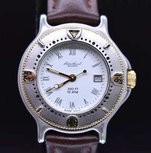 Vtg EDDIE BAUER 330 ft Date Watch Women Two Tone Leather NEW BATTERY & BAND - Picture 1 of 10