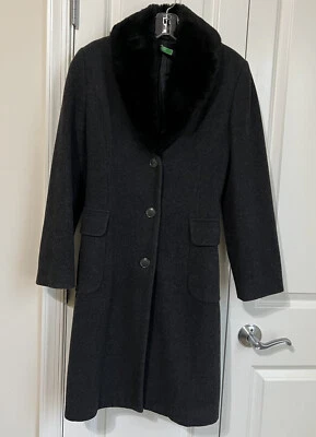 Gabardina de lana vintage United Color of Benetton cuello de piel sintética talla 38 negra B1 Foto 1 de 4
