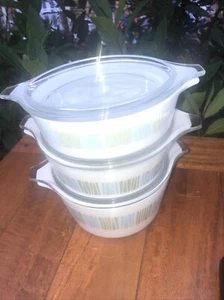 3 Set Vintage Pyrex White Bowls With Clear Top Blue And Green Abstract Patterns - Picture 1 of 3