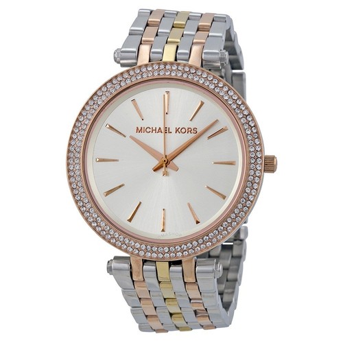 OROLOGIO MICHAEL KORS DARCI TRI 3 TONALITÀ ARGENTO+ORO+ORO ROSA PAVIMENTAZIONE BRACCIALE MK3203