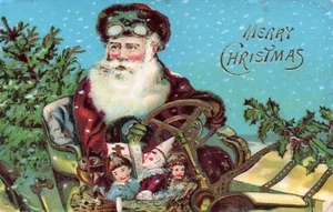 Frohe Weihnachten Weihnachtsmann fahren Auto mit Spielzeug für Kinder Vintage Weihnachtsmann Postkarte - Bild 1 von 2