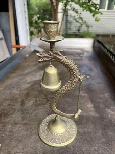 Vtg 10.5” Brass Asian Dragon Candlestick Holder With Bell & Hammer Stamped Korea - Picture 1 of 5