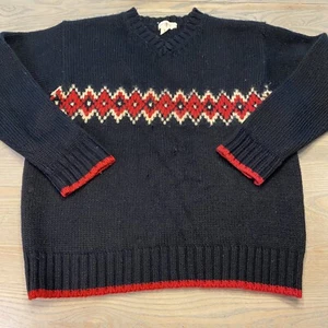 READ VTG J Crew Wool Sweater Mens L Black & Red Chunky Pullover V-Neck Geometric - Picture 1 of 20