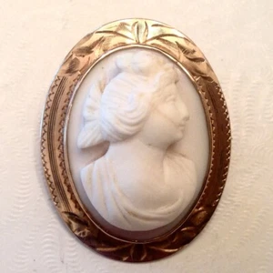 Antiguo broche camafeo concha tallada en alto relieve CD oro 10K - Imagen 1 de 4