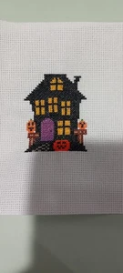 Completed Halloween House Pumpkins Finished Cross Stitch Embroidery - Picture 1 of 3