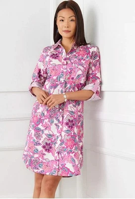 Karen Kane Shirt Dress Women's Size L Pretty In Pink Floral Long Roll Tab Sleeve - Image 1 of 4