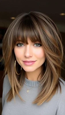 Short Layered Brown Blonde Highlight Wigs with Bangs 100% Human Hair None Lace - Image 1 of 2