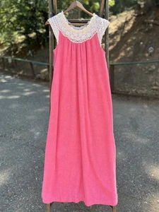 Vintage Hot Pink Terry Cloth Crocheted Lace Summer Dress Swim Cover Up 70s Mod - Picture 1 of 13