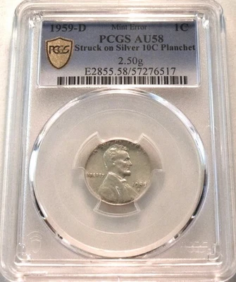 1959 D 1C PCGS AU 58 ERROR Lincoln Cent Struck on Silver Dime 10C Planchet Blank - Image 1 of 4