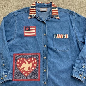Camisa vaquera de colección manga larga abotonada para mujer bandera americana parches en el corazón LEER - Imagen 1 de 6