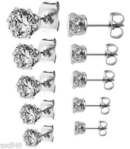 Clear Round CZ Cubic Zirconia Pierced Stud Earrings For Mens/Womens Sparkling - Picture 1 of 5