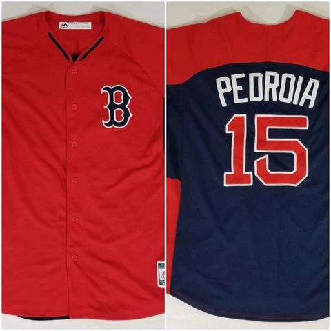 Majestic Boston Red Sox DUSTIN PEDROIA #15 Sewn Baseball Jersey Red / Blue Men L Cover