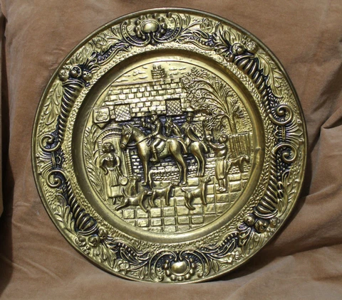Vintage Brass Embossed Wall Plate Men Women Horses Dogs Cover