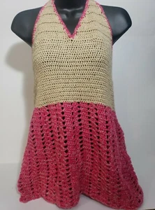 Damen Handarbeit gehäkelt rosa braun Boho Hippie Neckholder Top Größe Medium  - Bild 1 von 7