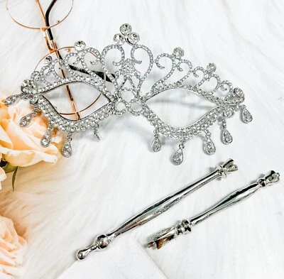 银色假面面具带棒,水晶假面面具,假面舞会婚礼 — 第 1/4 张图片