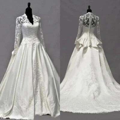 Elegant Wedding Dresses Lace Long Sleeves V Neck Satin Sweep Train Bridal Gowns - Image 1 of 4