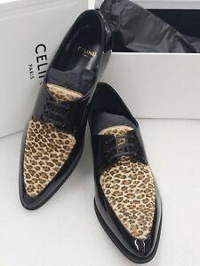 CELINE POINTED DERBIES IN BLACK PATENT LEATHER AND LEOPARD PRINT