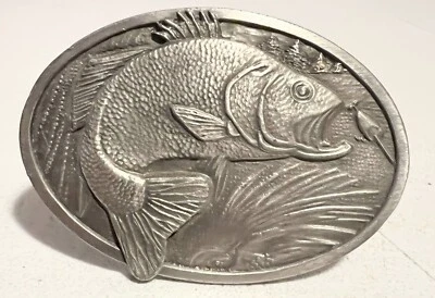 Cinturón de pesca Bergamot Brass Works 1977 "Large Mouth Bass" hebilla tono plateado Foto 1 de 3