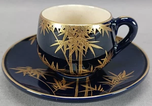 Nikko Meiji Taisho Showa Japanese Satsuma Gold Palm Trees & Cobalt Cup & Saucer - Picture 1 of 12