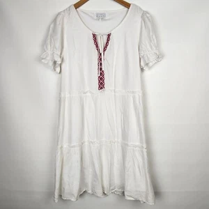 Margaux Riviera Mexican Boho Embroidered White Tiered Short Sleeve Dress Large - Picture 1 of 12