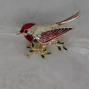 BEAUTIFUL NEW GOLD RED GREEN ENAMEL CLEAR CRYSTAL FASHION BIRD STATEMENT BROOCH - Picture 1 of 3
