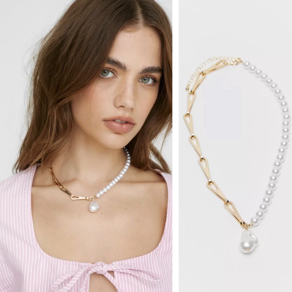 NUEVO Anthropologie Abstracto Perla y Oro Grueso Cadena Collar Gargantilla Joyería Foto 1 de 4