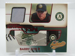 BARRY ZITO 2002 FLEER AUTHENTIX GAME WORN JERSEY TICKET CARD! ATHLETICS!! 