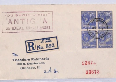 ANTIGUA KGV Cover Registered 2½d Block{4} 1928 Advert IDEAL RESORT Cachet YW450 - Image 1 of 4
