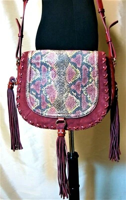 NWT Sharif Red Leather Suede Python Print Fringe Studs Messenger Flap Bag - Image 1 of 4