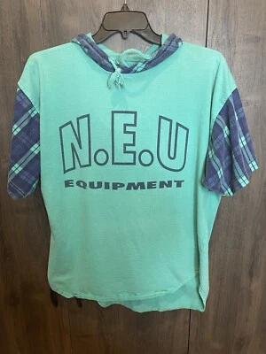 Винтаж 90-е N.E.U. Оборудование негабаритный средний пуловер футболка с капюшоном зеленый - Изображение 1 из 4