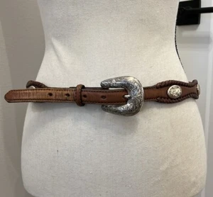 Vintage Tony Lama Brown Leather Belt Silver Plated - Picture 1 of 13