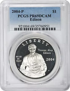 2004-P Edison Silver Commemorative Dollar PR69DCAM PCGS Proof 69 Deep Cameo - Picture 1 of 2